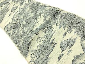 リサイクル　手織り紬山並み・寺院風景模様織出し名古屋帯